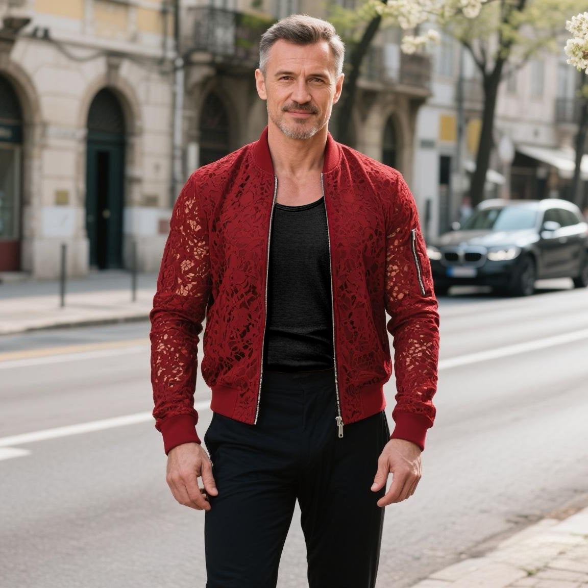 Men's fashionable casual Burgundy lace jacket