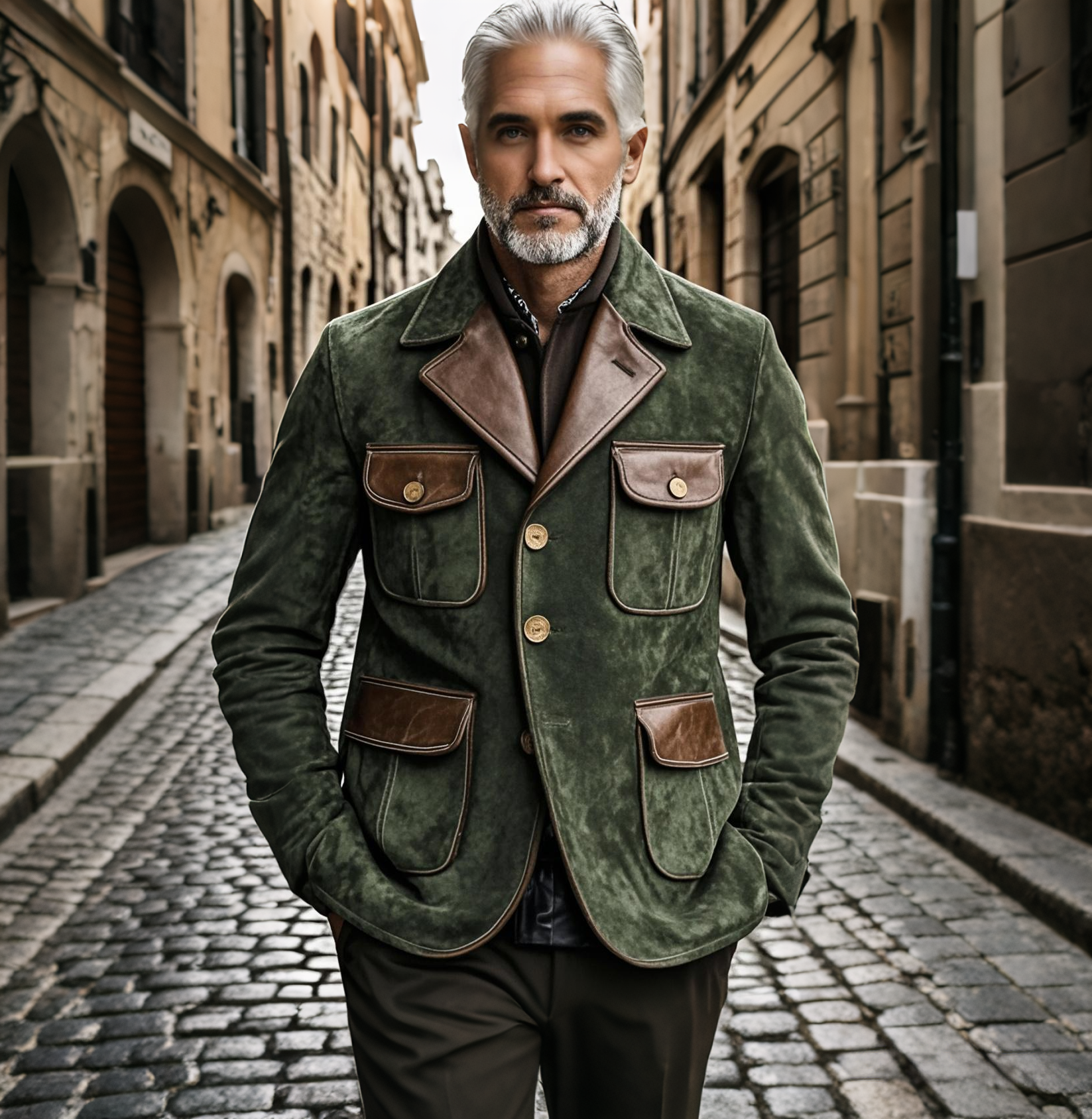 Modische, lässige Herrenjacke aus Wildleder in Militärgrün