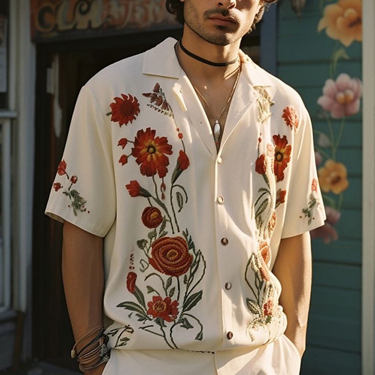 Men's fashionable casual short-sleeved shirt with floral prints