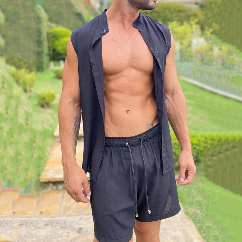 A two-piece set of men's fashionable and casual solid-color vests