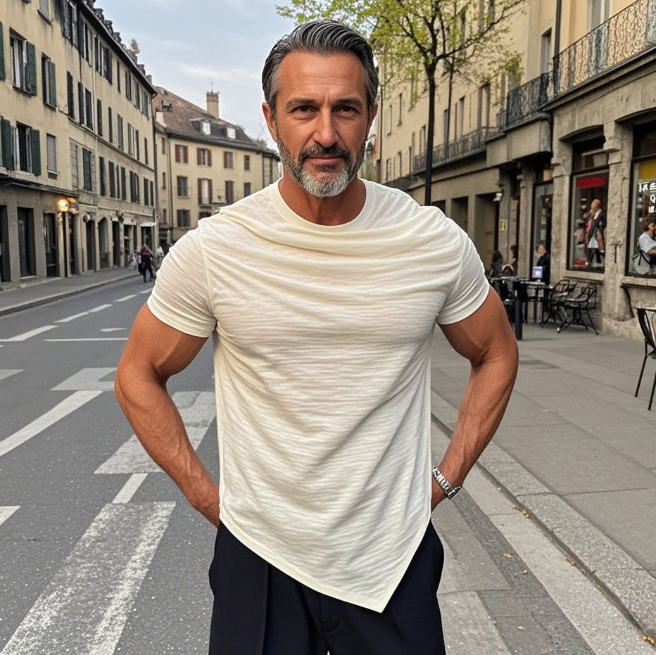 Men's fashionable casual beige pleated short-sleeved T-shirt