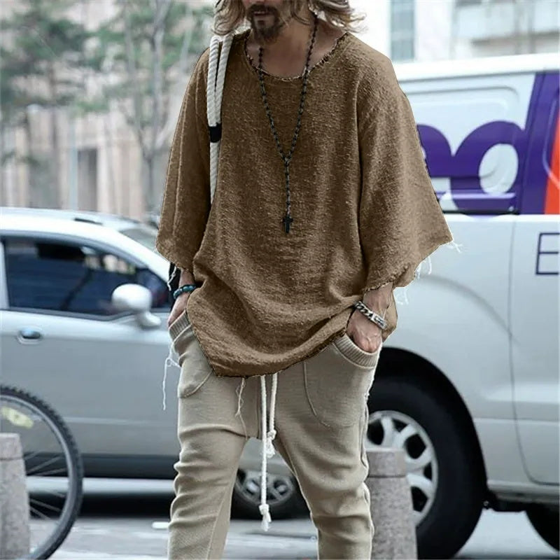 Men's long-sleeved solid-color top and trendy loose T-shirt