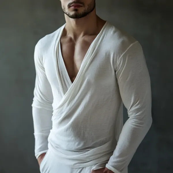 Men's Casual Comfortable V-neck Long-sleeved Cotton T-shirt Oversized V-neck Breathable Casual T-shirt