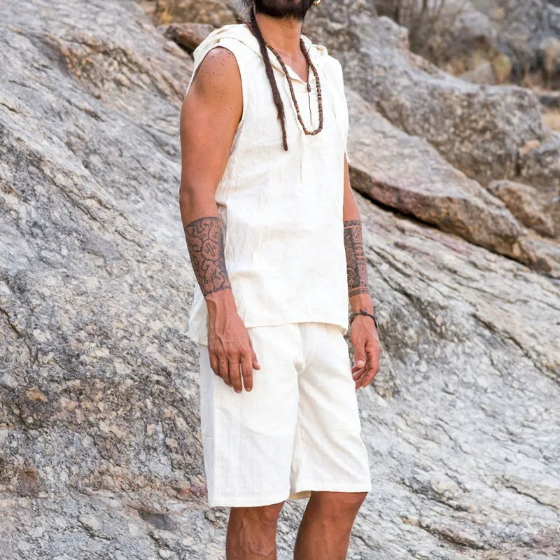A two-piece set of men's fashionable and casual beige cotton and linen vest and shorts