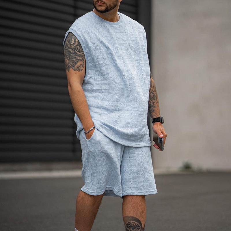 Men's fashionable and casual sky blue jacquard vest set