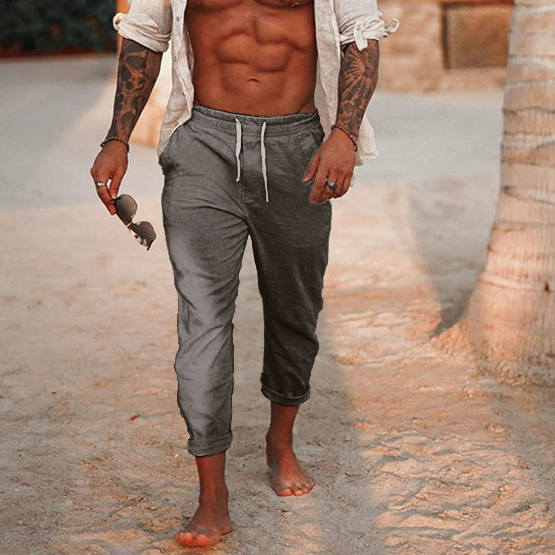 Men's fashionable and casual Bohemian-style cotton and linen trousers