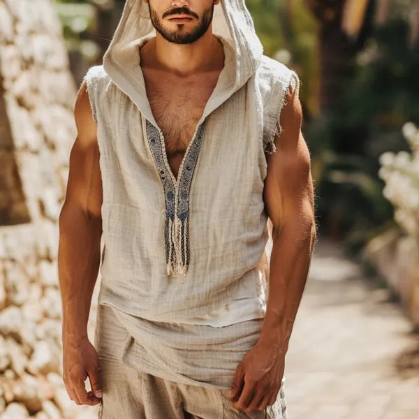 Men's Holiday Tribal Light Linen Hooded Sleeveless Shirt