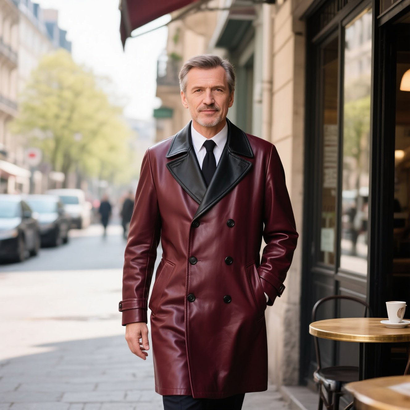 Men's fashionable and casual Burgundy leather coat