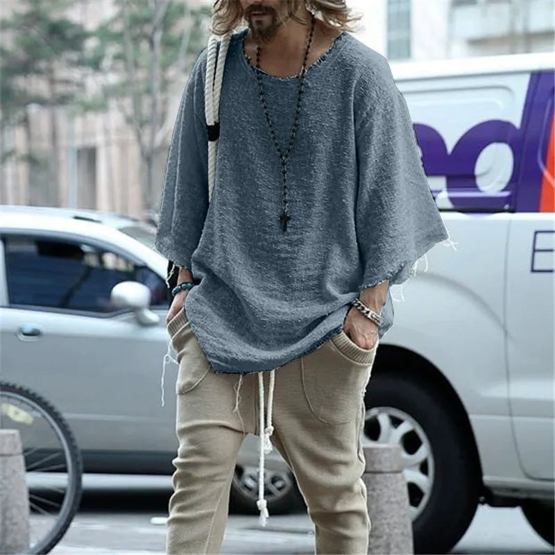 Men's long-sleeved solid-color top and trendy loose T-shirt