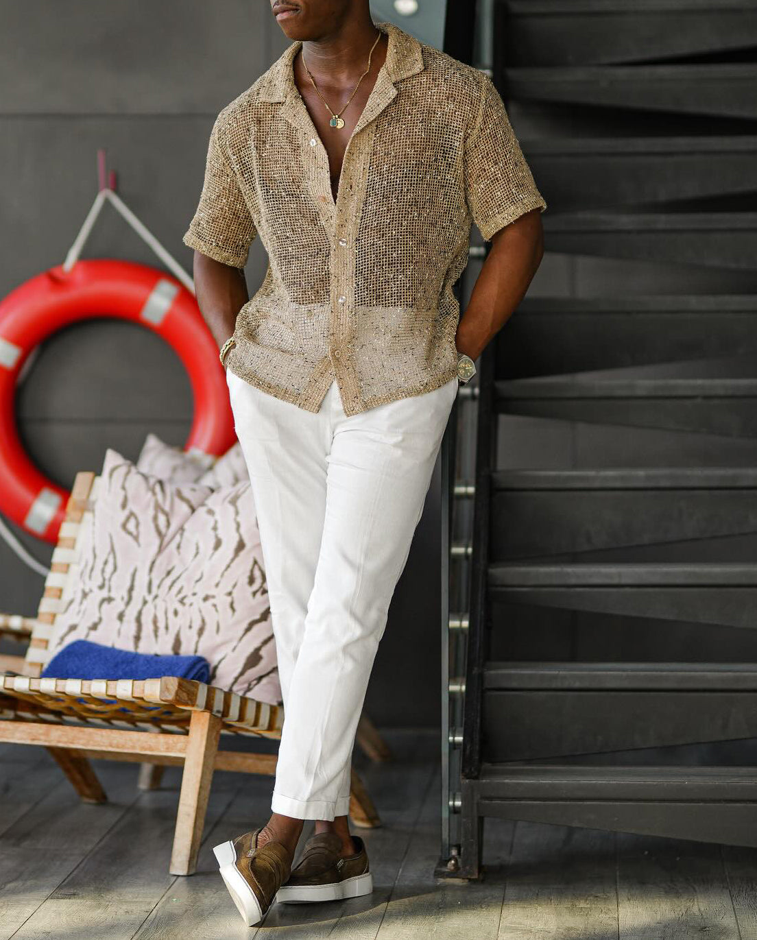 Chemise à manches courtes à découpes dorées, tendance et décontractée, pour homme