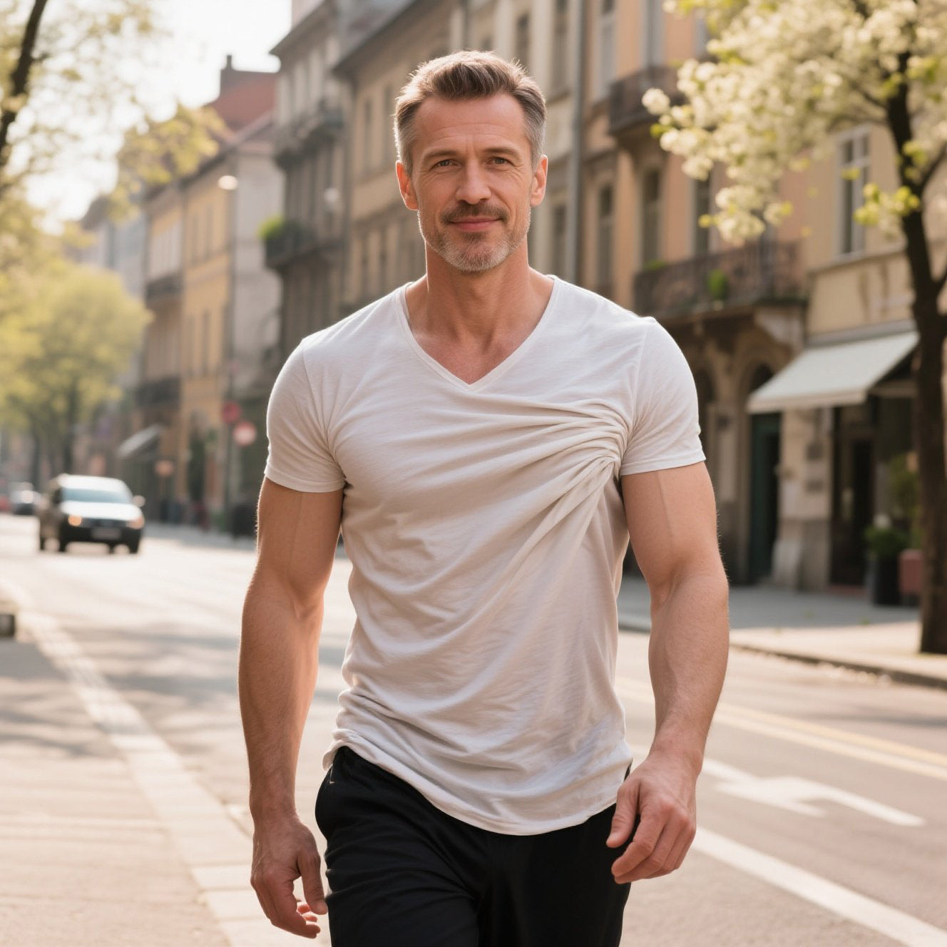 Men's fashionable casual beige pleated T-shirt