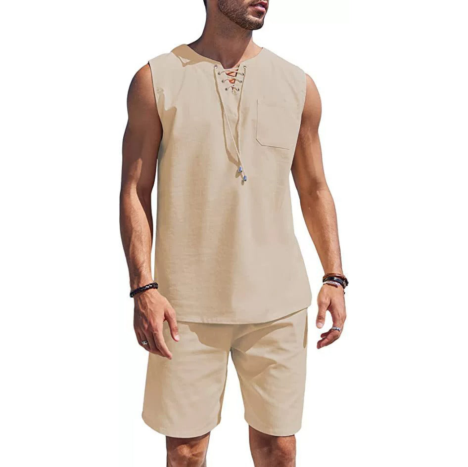 A two-piece set of men's fashionable and casual solid-color vests