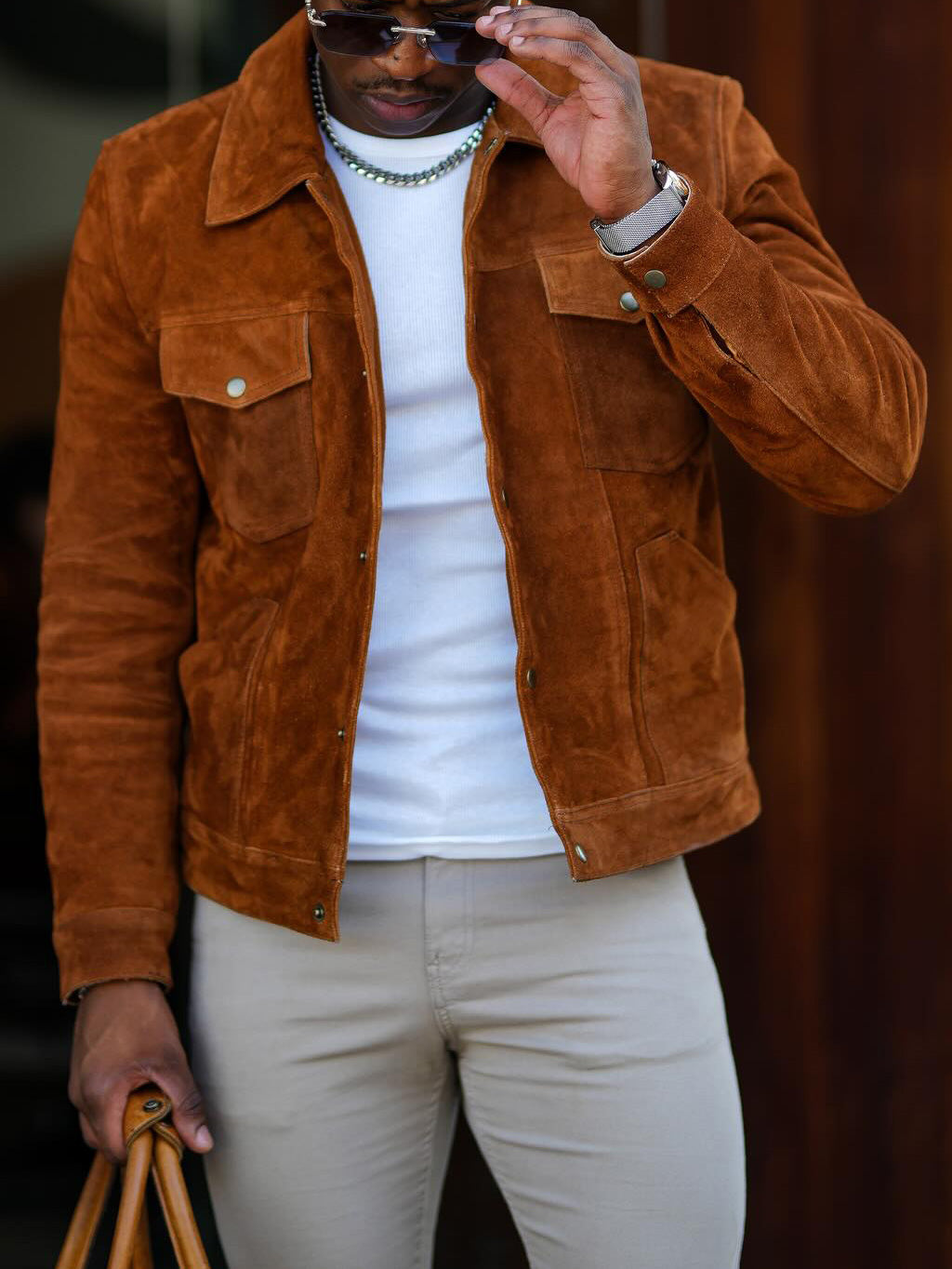 Veste décontractée en daim marron à la mode pour homme