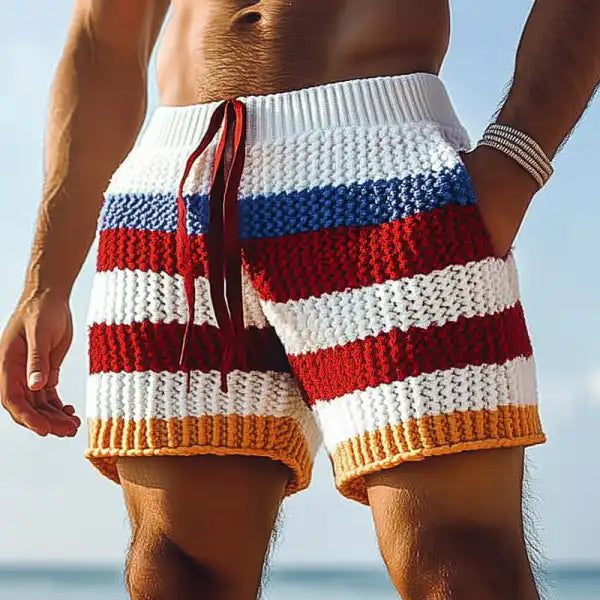 Men's Holiday Crochet Knitted Colorful Striped Casual Beach Shorts