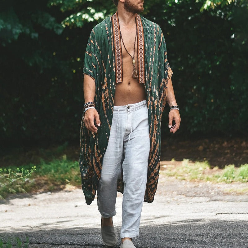 Men's beach sun-protective clothing, casual printed shirt fashionable cape coat