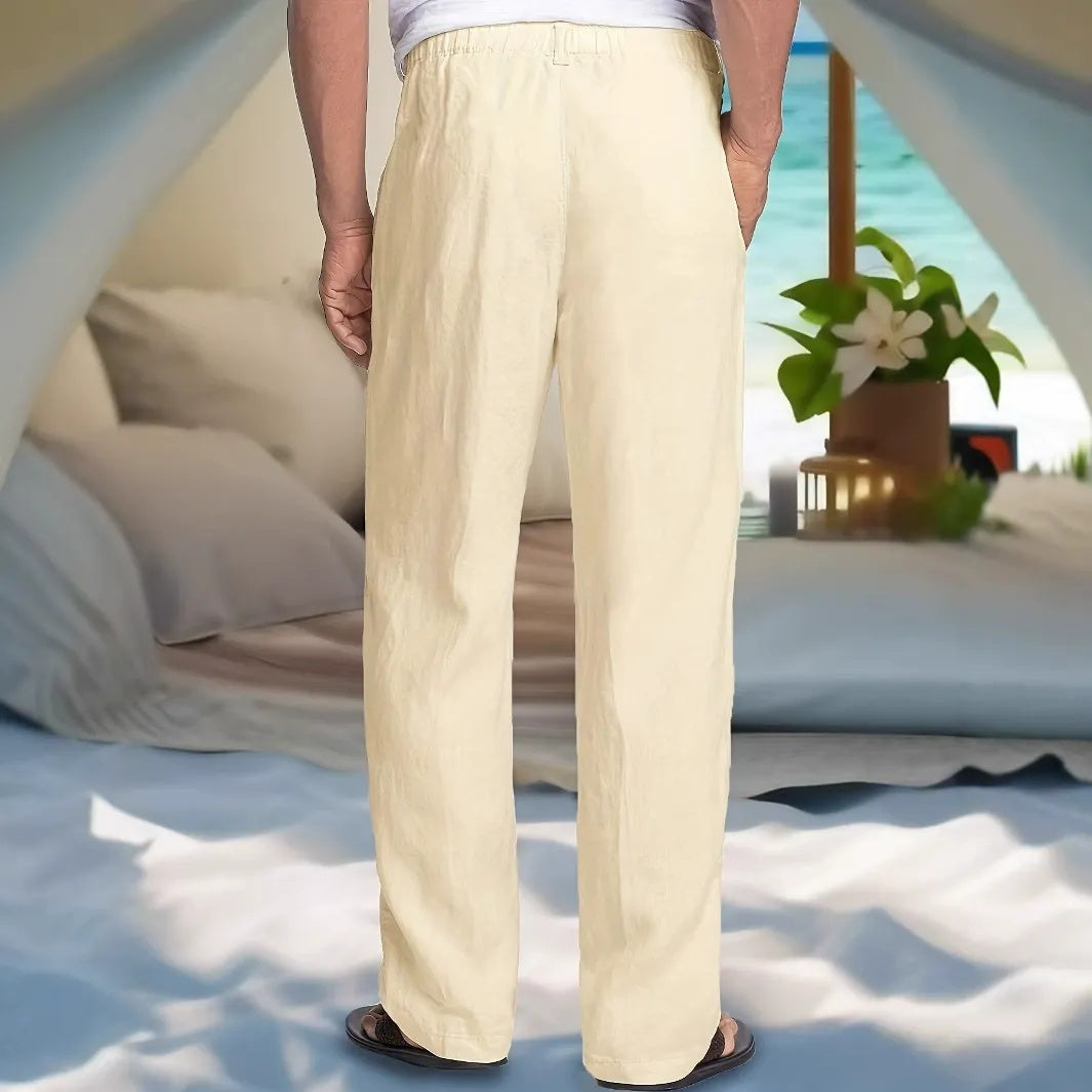 Men's fashionable and casual solid-colored cotton and linen trousers