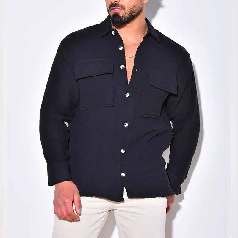 Men's fashionable and casual pocket long-sleeved shirt
