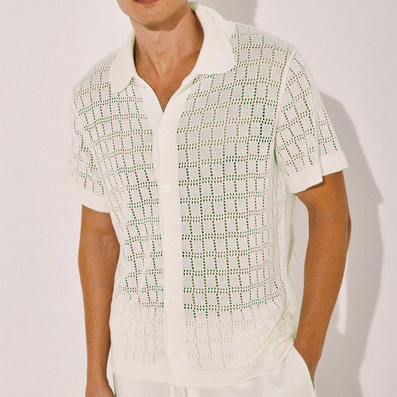 Men's fashionable casual solid-color cutouted short-sleeved shirt
