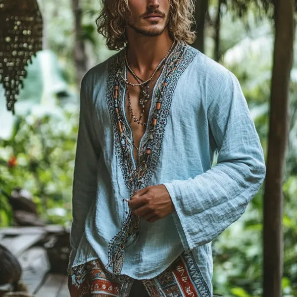 Herren-Oberteil im Bohemian-Urlaubsstil, Vintage-Stil, bedrucktes Leinen, lässig, langärmelig 