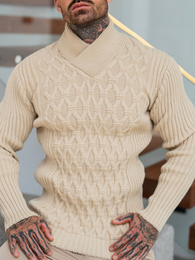 Pull en maille torsadée épaisse, naturel, avec des taches de couleur