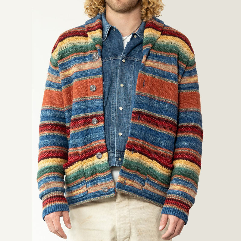 Men's Vintage Rainbow Colorblock Jacquard Lapel Cardigan