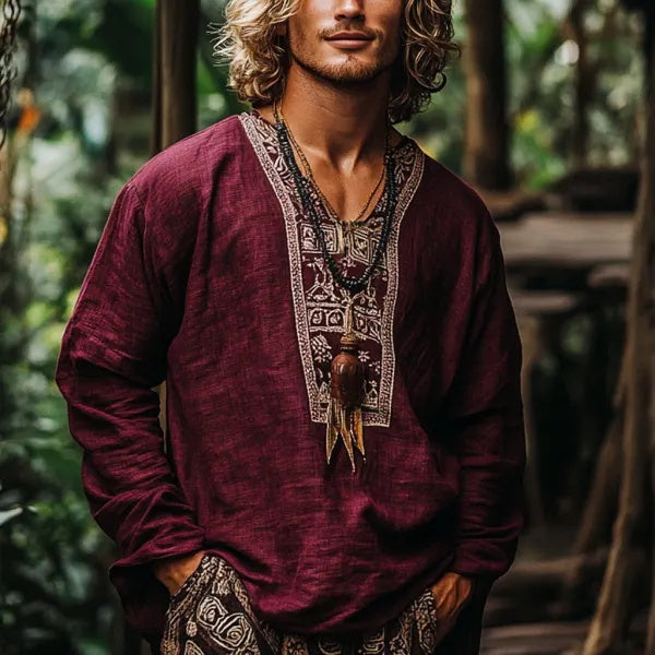 Herren-Oberteil im Bohemian-Urlaubsstil, Vintage-Stil, bedrucktes Leinen, lässig, langärmelig 