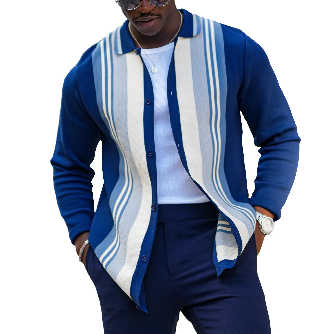 Men's fashionable casual blue striped knitted cardigan