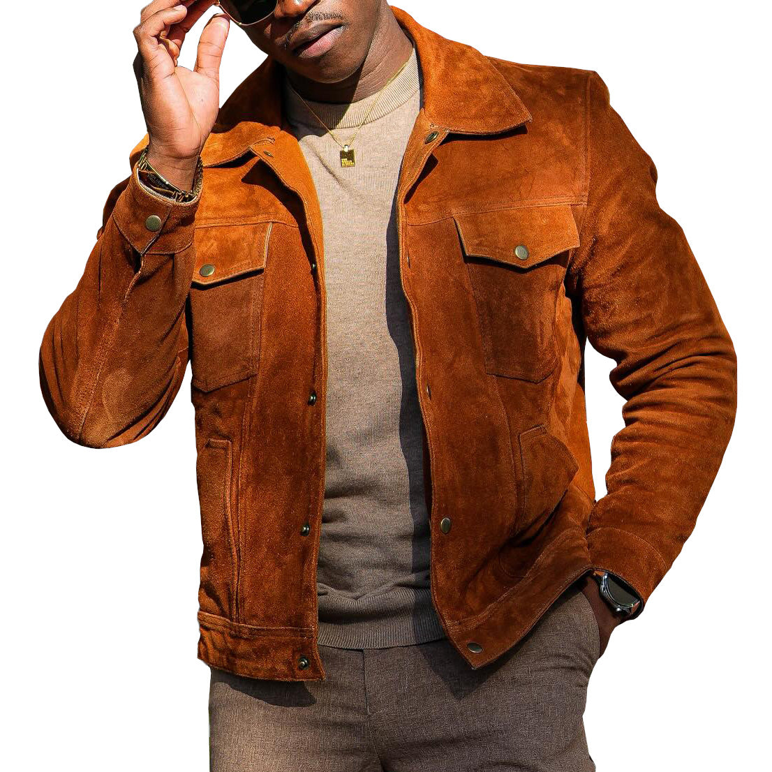 Veste décontractée en daim marron à la mode pour homme