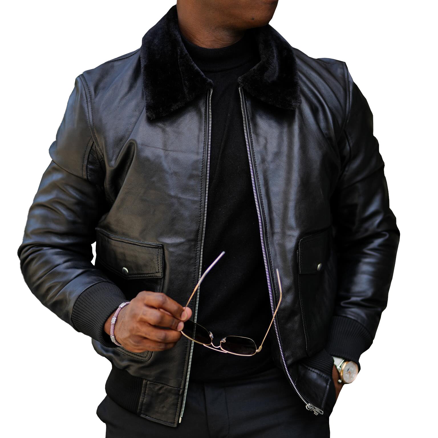 Veste en cuir à col en fourrure noire pour homme, tendance et décontractée